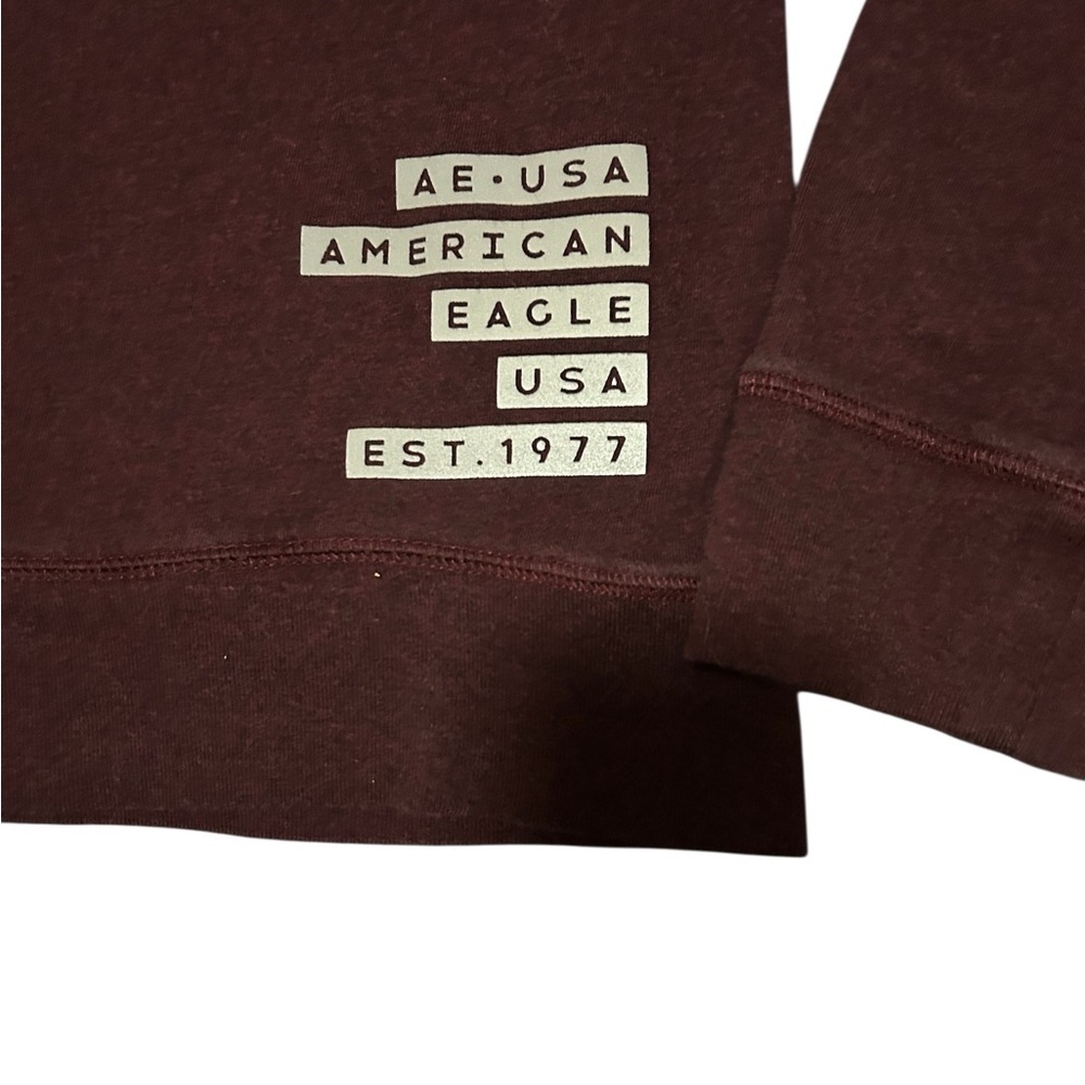 American Eagle Men’s Medium Burgundy Raglan Spell Out Logo Hoodie Athleisure - Picture 3 of 6